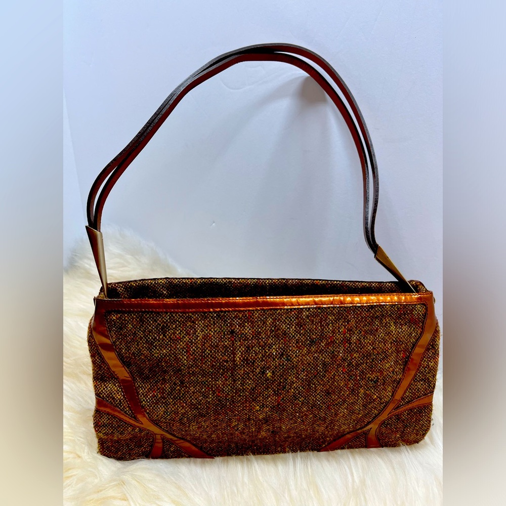Bottega Veneta Vintage Tweed Patent Leather Copper Color Leather Shoulder Clutch